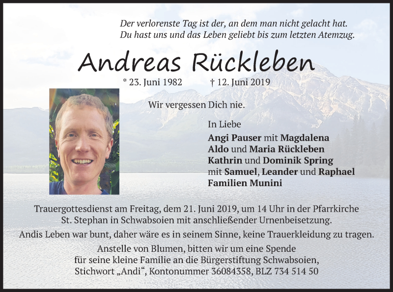  Traueranzeige für Andreas Rückleben vom 19.06.2019 aus merkurtz