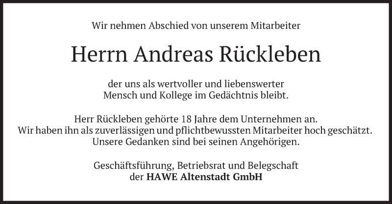  Traueranzeige für Andreas Rückleben vom 21.06.2019 aus merkurtz