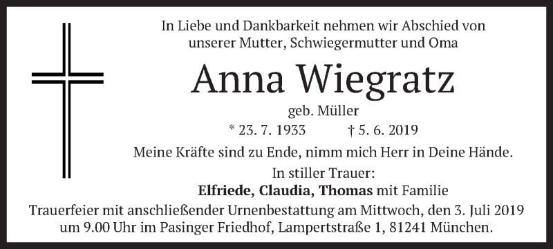  Traueranzeige für Anna Wiegratz vom 29.06.2019 aus merkurtz