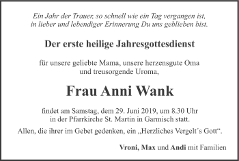 Traueranzeige von Anni Wank von merkurtz