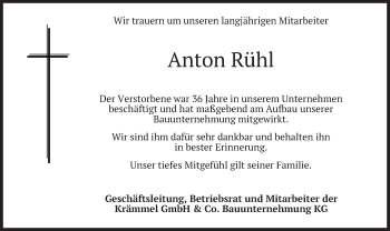 Traueranzeige von Anton Rühl von merkurtz