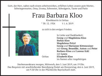 Traueranzeige von Barbara Kloo von merkurtz