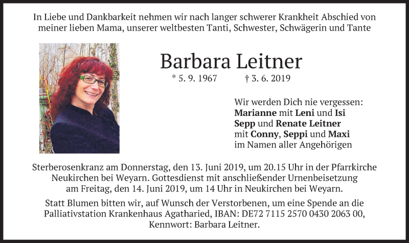  Traueranzeige für Barbara Leitner vom 08.06.2019 aus merkurtz