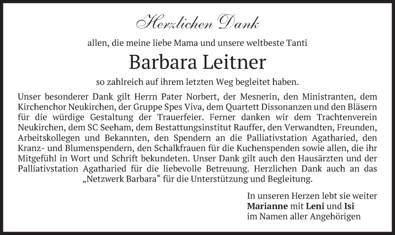  Traueranzeige für Barbara Leitner vom 29.06.2019 aus merkurtz