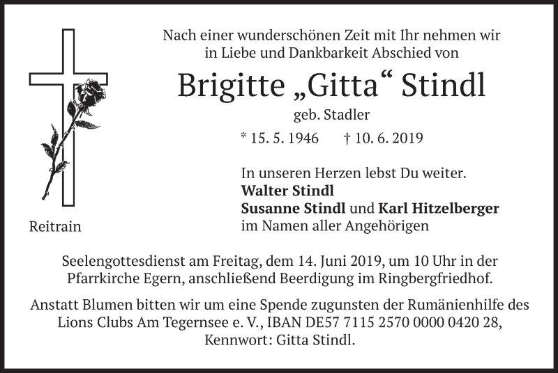  Traueranzeige für Brigitte Gitta Stindl vom 12.06.2019 aus merkurtz