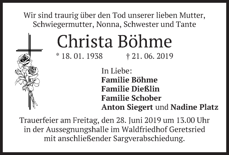 Traueranzeige für Christa Böhme vom 26.06.2019 aus merkurtz