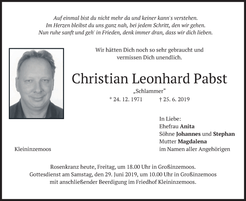  Traueranzeige für Christian Leonhard Pabst vom 28.06.2019 aus merkurtz