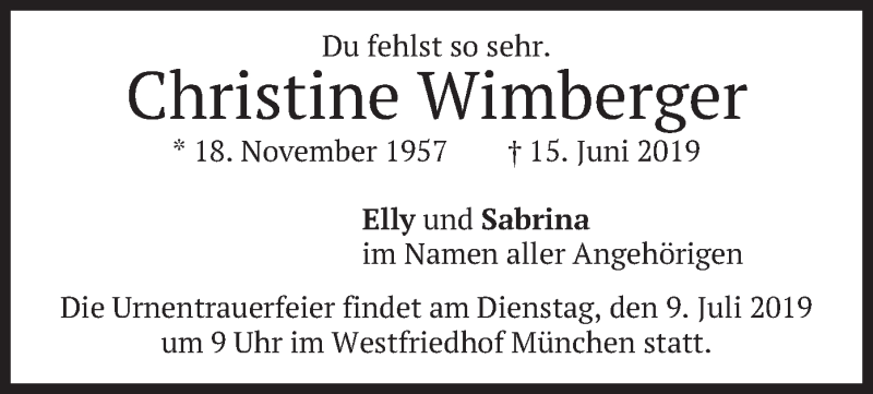  Traueranzeige für Christine Wimberger vom 22.06.2019 aus merkurtz