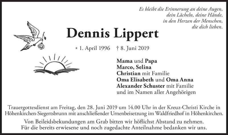  Traueranzeige für Dennis Lippert vom 26.06.2019 aus merkurtz