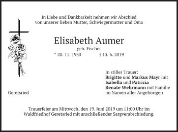 Traueranzeige von Elisabeth Aumer von merkurtz