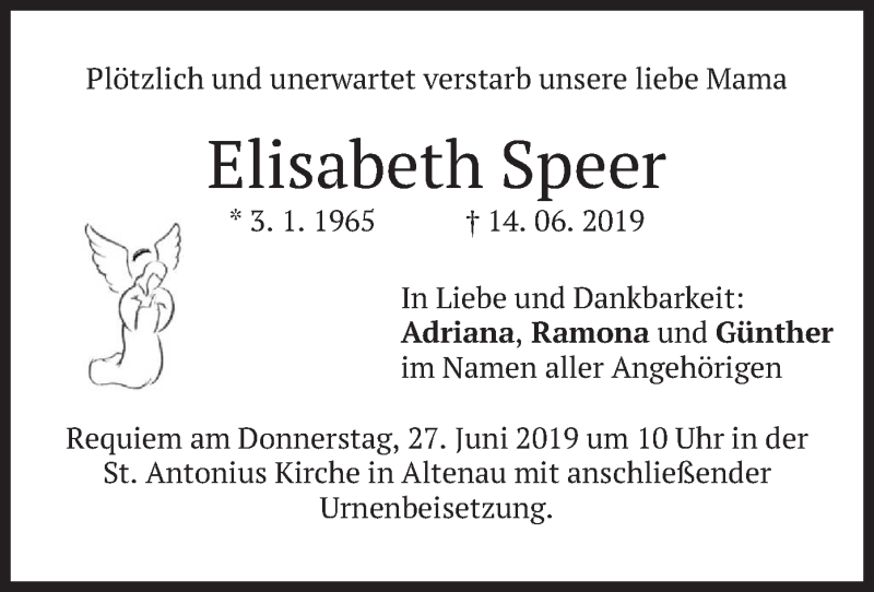  Traueranzeige für Elisabeth Speer vom 22.06.2019 aus merkurtz