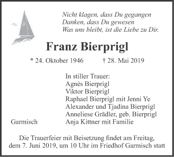 Traueranzeige von Franz Bierprigl von merkurtz