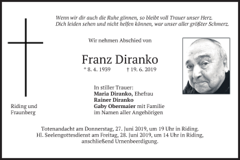Traueranzeige von Franz Diranko von merkurtz