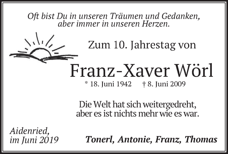  Traueranzeige für Franz-Xaver Wörl vom 08.06.2019 aus merkurtz