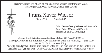 Traueranzeige von Franz Xaver Wieser von merkurtz