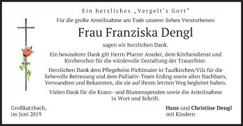 Traueranzeige von Franziska Dengl von merkurtz