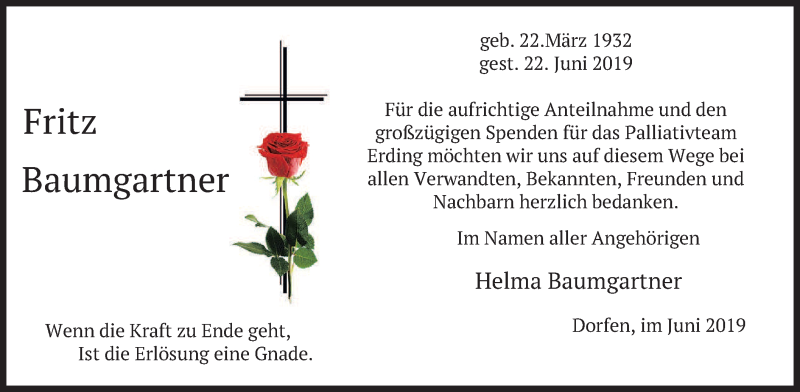  Traueranzeige für Fritz Baumgartner vom 29.06.2019 aus merkurtz