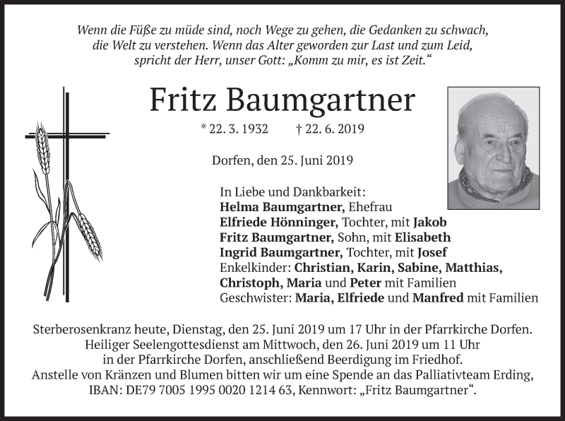  Traueranzeige für Fritz Baumgartner vom 25.06.2019 aus merkurtz