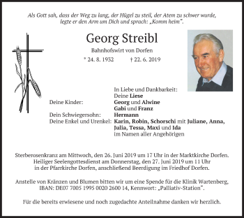 Traueranzeige von Georg Streibl von merkurtz