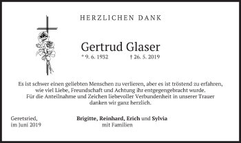 Traueranzeige von Gertrud Glaser von merkurtz