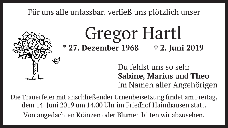  Traueranzeige für Gregor Hartl vom 08.06.2019 aus merkurtz