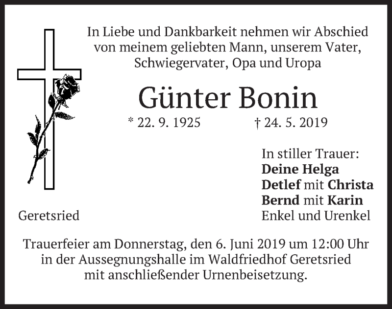  Traueranzeige für Günter Bonin vom 01.06.2019 aus merkurtz
