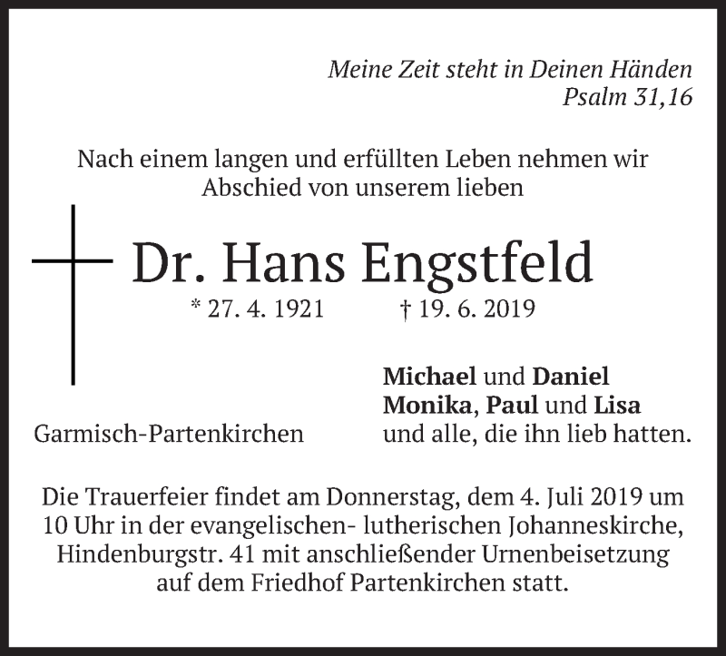  Traueranzeige für Hans Engstfeld vom 29.06.2019 aus merkurtz