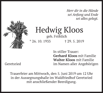 Traueranzeige von Hedwig Kloos von merkurtz