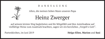 Traueranzeige von Heinz Zwerger von merkurtz