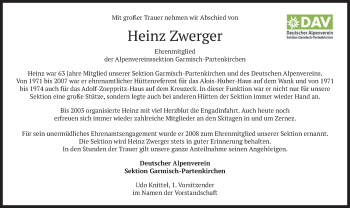 Traueranzeige von Heinz Zwerger von merkurtz