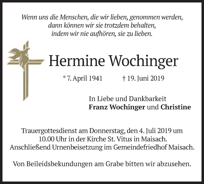  Traueranzeige für Hermine Wochinger vom 29.06.2019 aus merkurtz