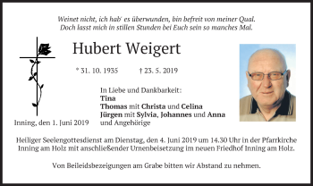 Traueranzeige von Hubert Weigert von merkurtz