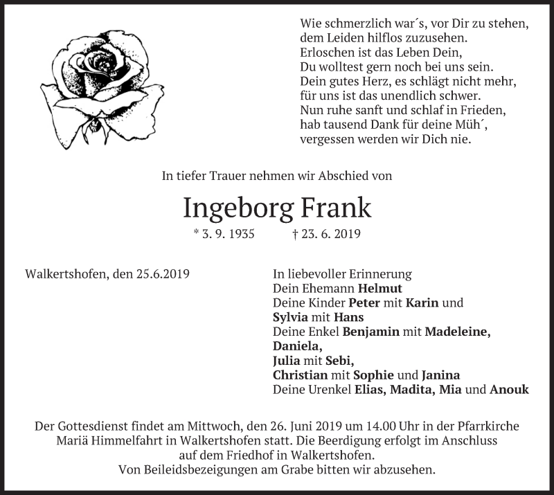  Traueranzeige für Ingeborg Frank vom 25.06.2019 aus merkurtz
