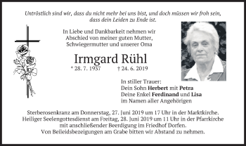 Traueranzeige von Irmgard Rühl von merkurtz