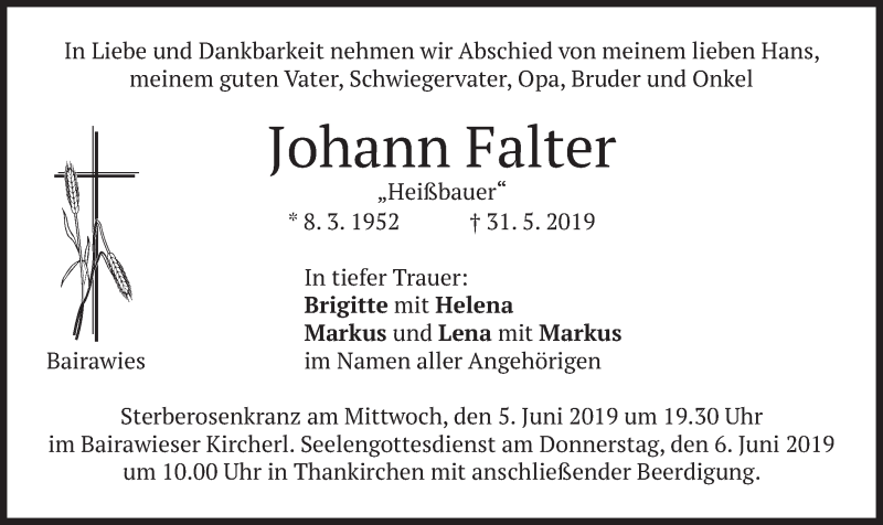  Traueranzeige für Johann Falter vom 03.06.2019 aus merkurtz