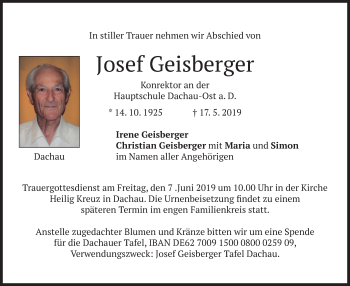 Traueranzeige von Josef Geisberger