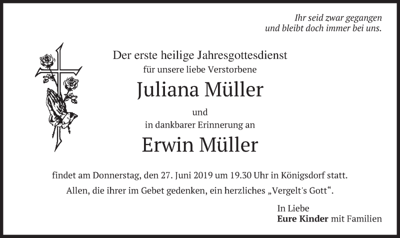  Traueranzeige für Juliana und Erwin Müller vom 22.06.2019 aus merkurtz