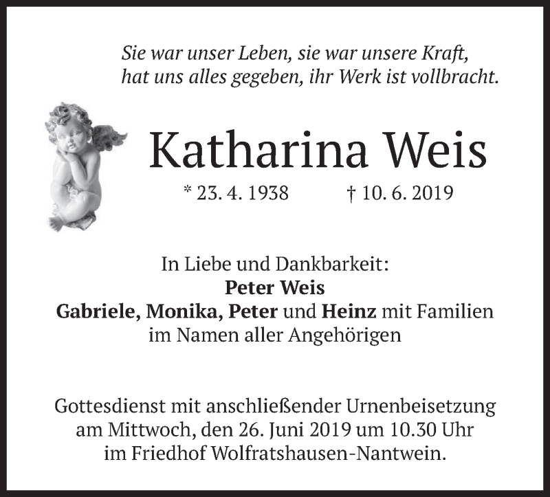  Traueranzeige für Katharina Weis vom 22.06.2019 aus merkurtz