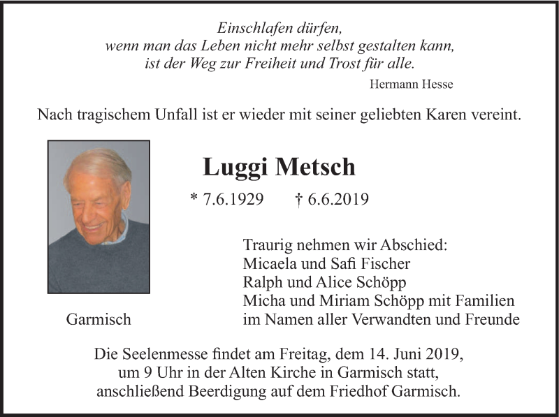  Traueranzeige für Luggi Metsch vom 12.06.2019 aus merkurtz