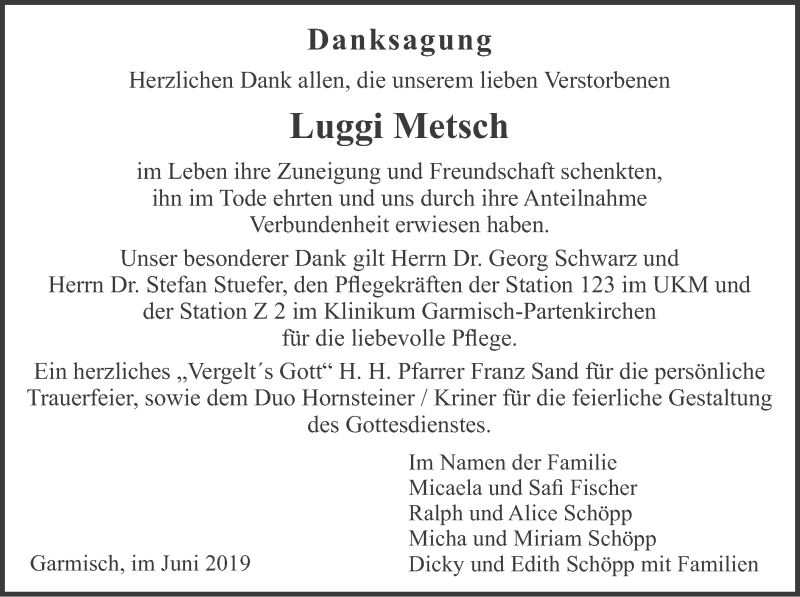  Traueranzeige für Luggi Metsch vom 22.06.2019 aus merkurtz