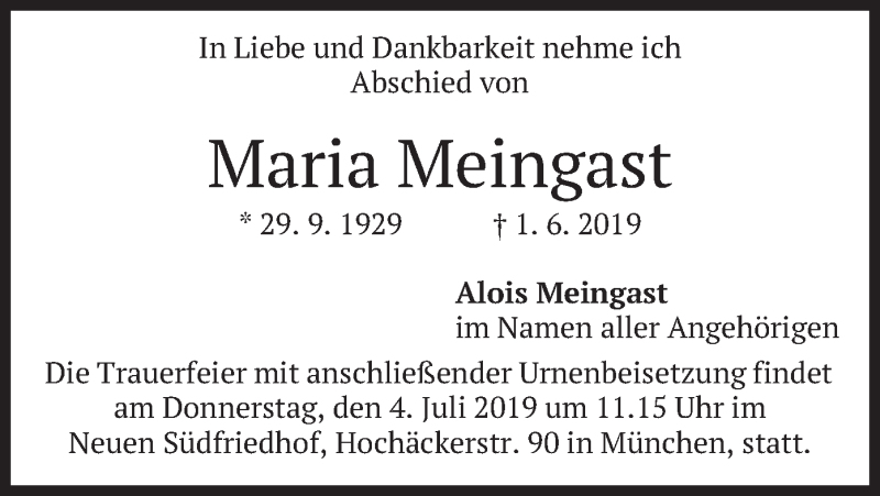  Traueranzeige für Maria Meingast vom 22.06.2019 aus merkurtz