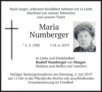 Traueranzeige von Maria Numberger von merkurtz