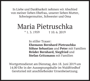 Traueranzeige von Maria Pietruschka von merkurtz