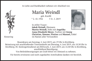 Traueranzeige von Maria Weindl von merkurtz