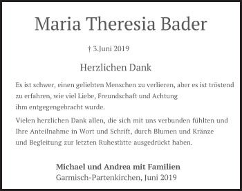 Traueranzeige von Maria Theresia Bader von merkurtz
