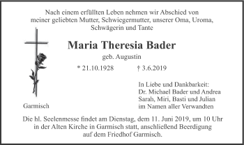 Traueranzeige von Maria Theresia Bader von merkurtz
