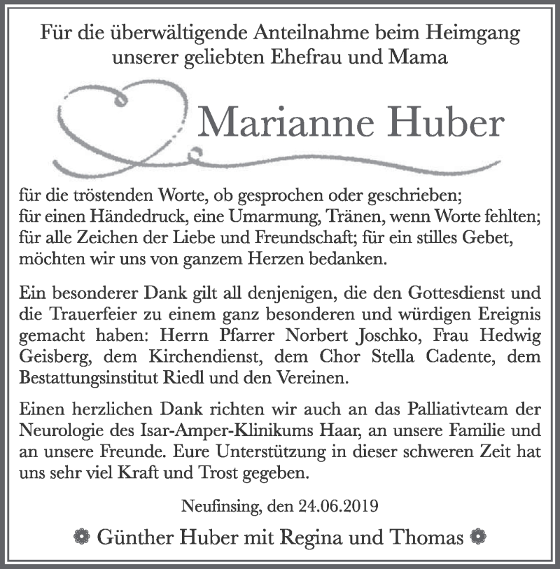  Traueranzeige für Marianne Huber vom 24.06.2019 aus merkurtz