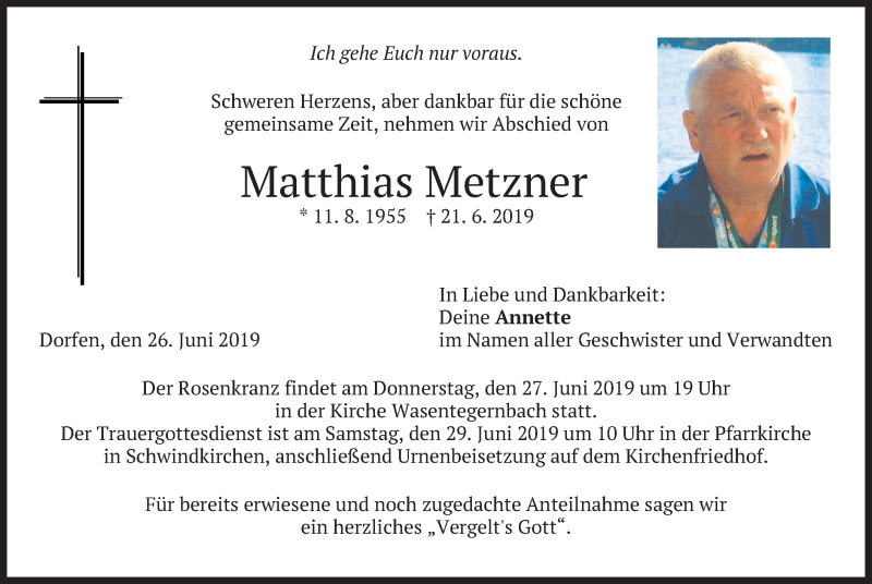  Traueranzeige für Matthias Metzner vom 26.06.2019 aus merkurtz