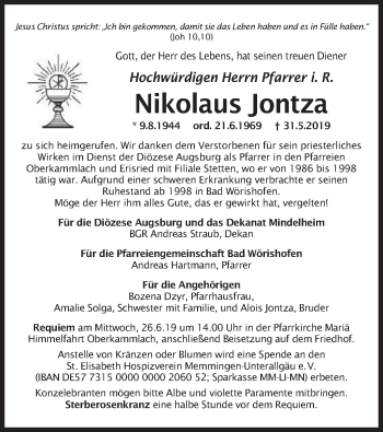 Traueranzeige von Nikolaus Jontza von merkurtz