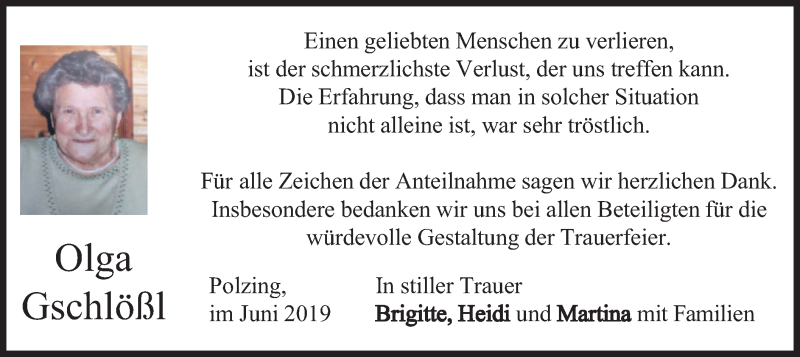  Traueranzeige für Olga Gschlößl vom 29.06.2019 aus merkurtz